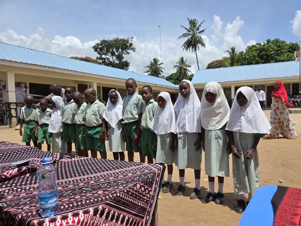 Schulkinder die in einer Reihe stehen auf dem Schulhof stehen.
