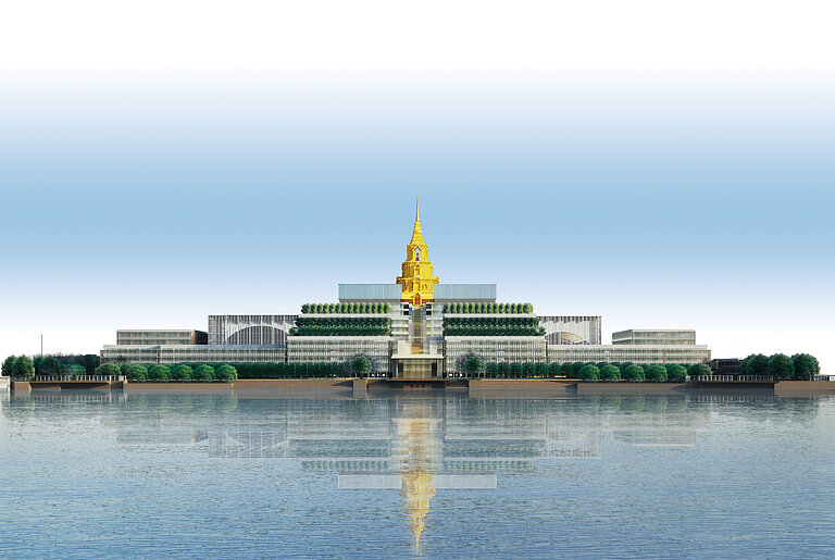 Visualisierung Thai Parliaments. Vorne Wasser, hinten eine Art Palast