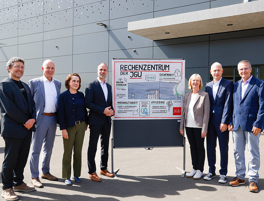 nauguration of the new data center on the Gutenberg Campus: (from left) Prof. Dr. Franz Rothlauf, CIO of JGU, University President Prof. Dr. Georg Krausch, JGU Chancellor Dr. Kerstin Burck, Minister of Science Clemens Hoch, Minister of Finance Doris Ahnen, and the two heads of the ZDV, Carsten Allendörfer and Dr. Stefan Schardt (Photo: Stefan F. Sämmer, Graphic Recording: Franziska Ruflair)