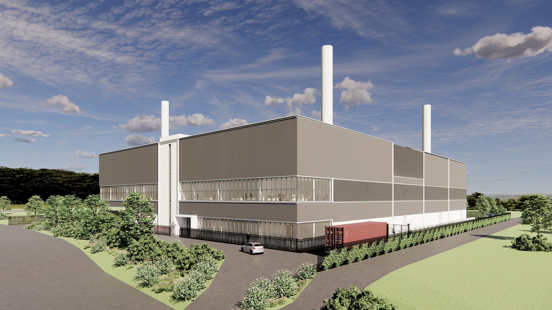 3D-Visualisierung eines großen Rechenzentrums mit Photovoltaik-Fassade, blauer Himmel und grüne Wiese drumherum