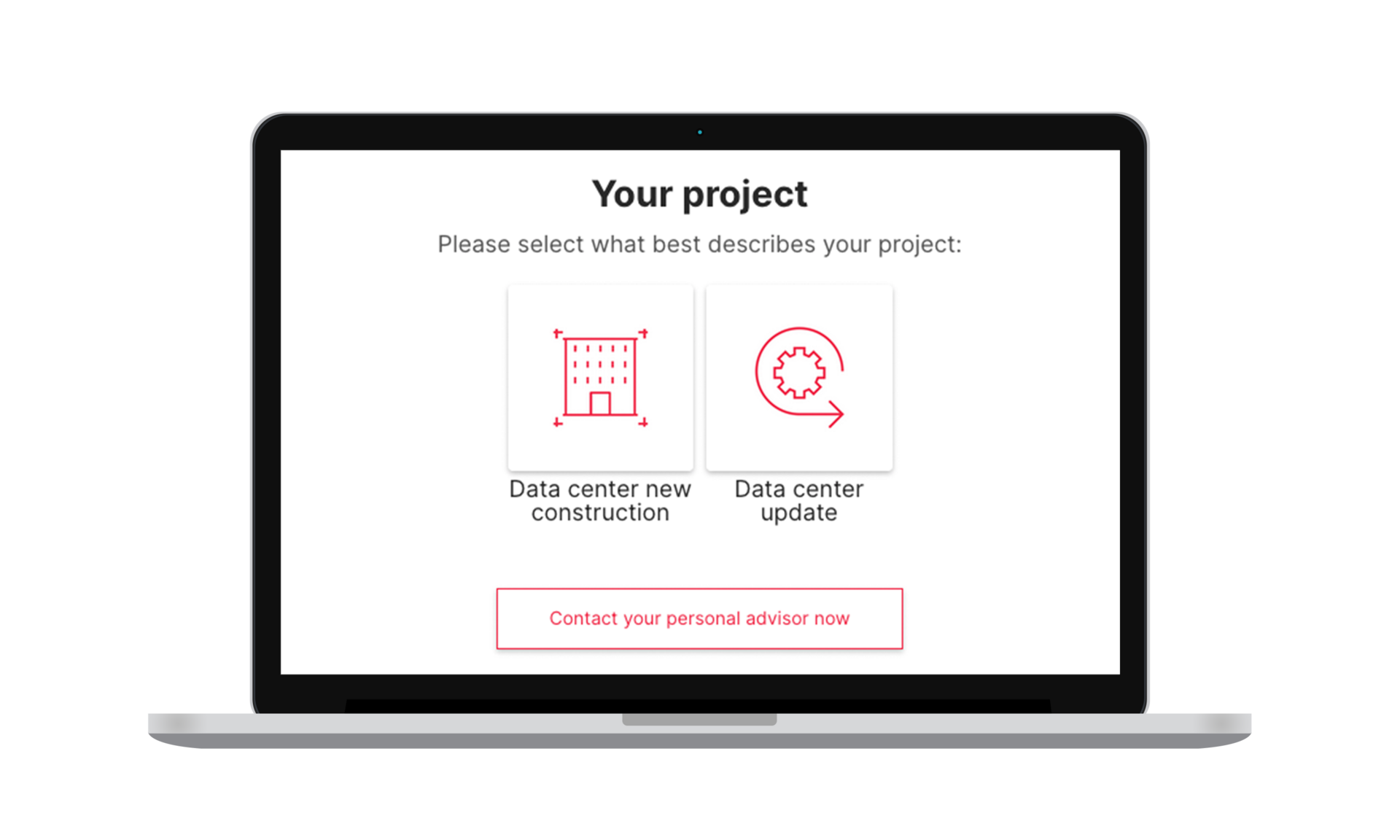 Opened laptop with startup screen of the data center configurator