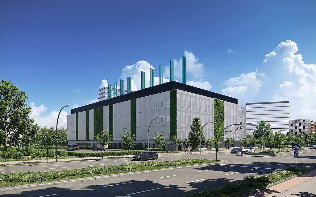3D-Rendering eines Rechenzentrums mit begrünter Fassade