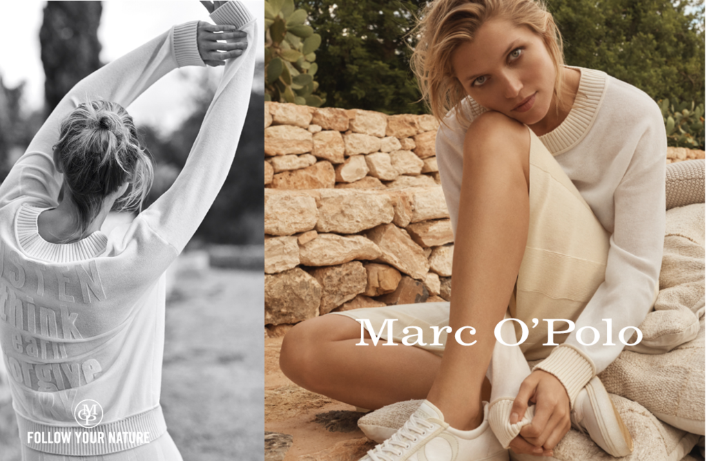 Marc O'Polo advertisement - divided into two parts. On the left a woman in black and white doing stretching exercises, on the right a woman kneeling on a floor and where in the middle is Marc O'Polo