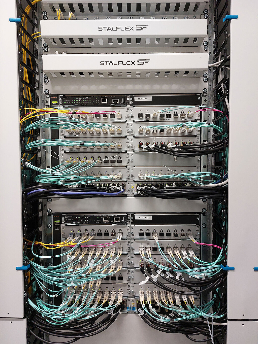 Ein Serverraum von innen mit diversen Kabeln und Anschlüssen