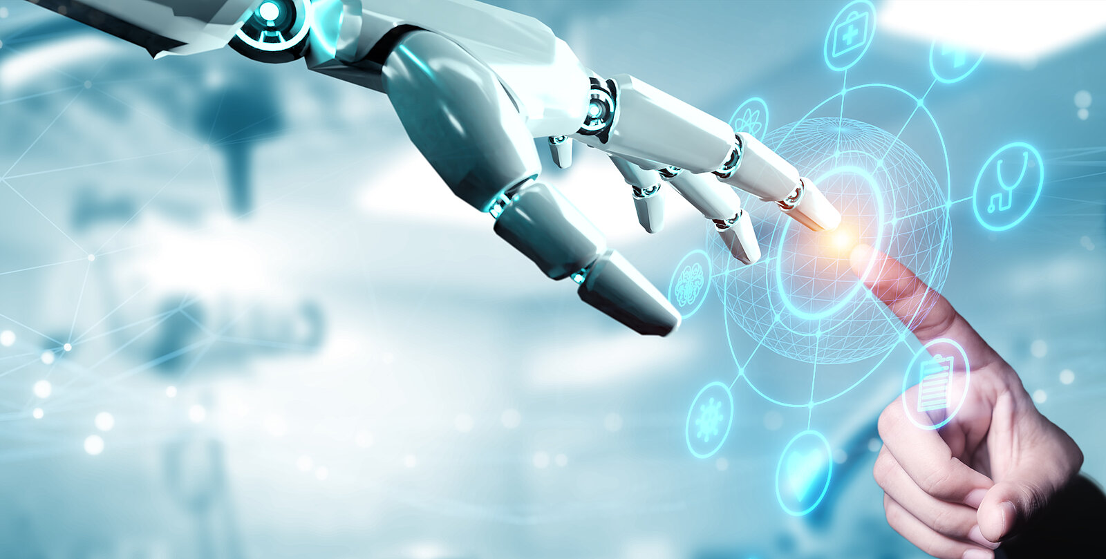 A human hand and a cyborg hand touch each other with their index finger