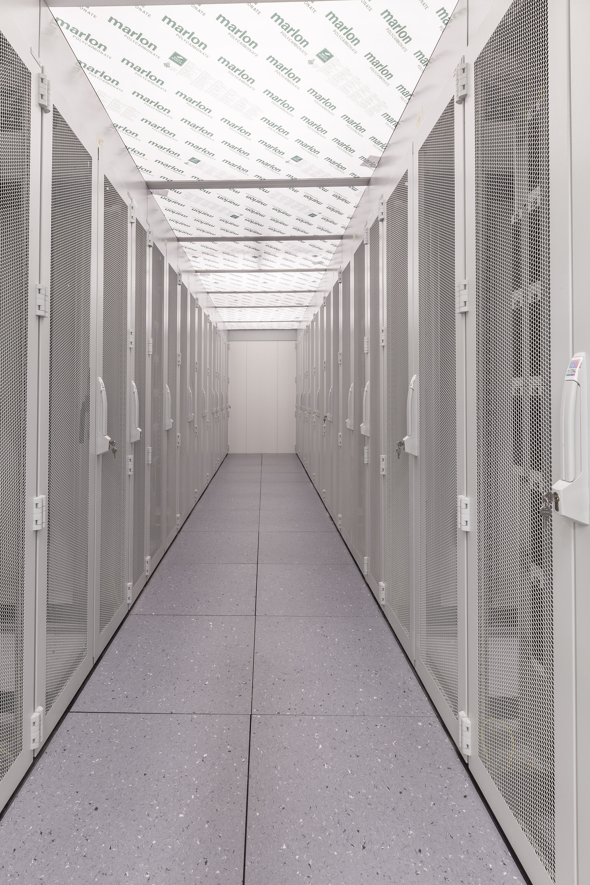 Server aisle, left and right server cabinets in white