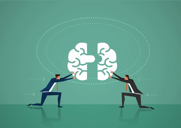 Illustration of two people pushing their brain hemispheres together