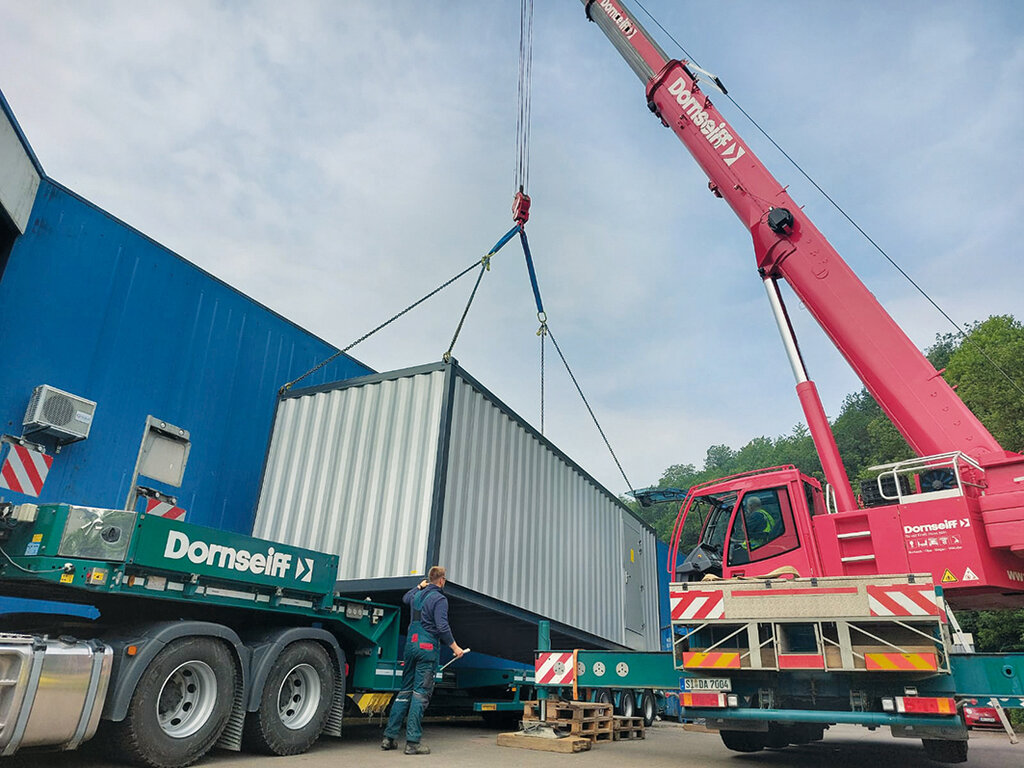 The data center container can be loaded onto standard trucks.
