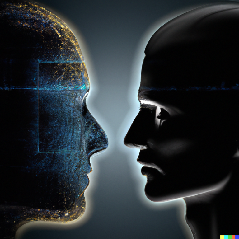Digitale Grafik von zwei sich anschauenden Gesichetern; ein Menschengesicht, ein digitaler Zwilling
