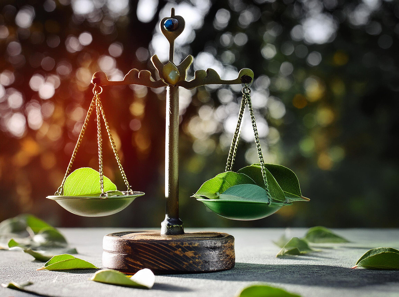 Court scales with green leaves on them, more leaves below, a forest in the background