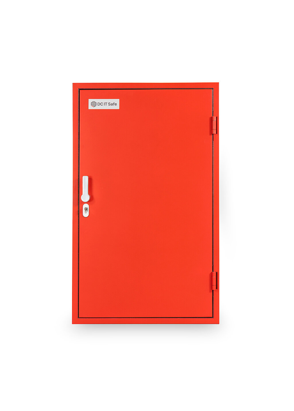 roter DC IT-Safe von vorne, mit geschlossener Türe, Griff ist auf der linken Seite