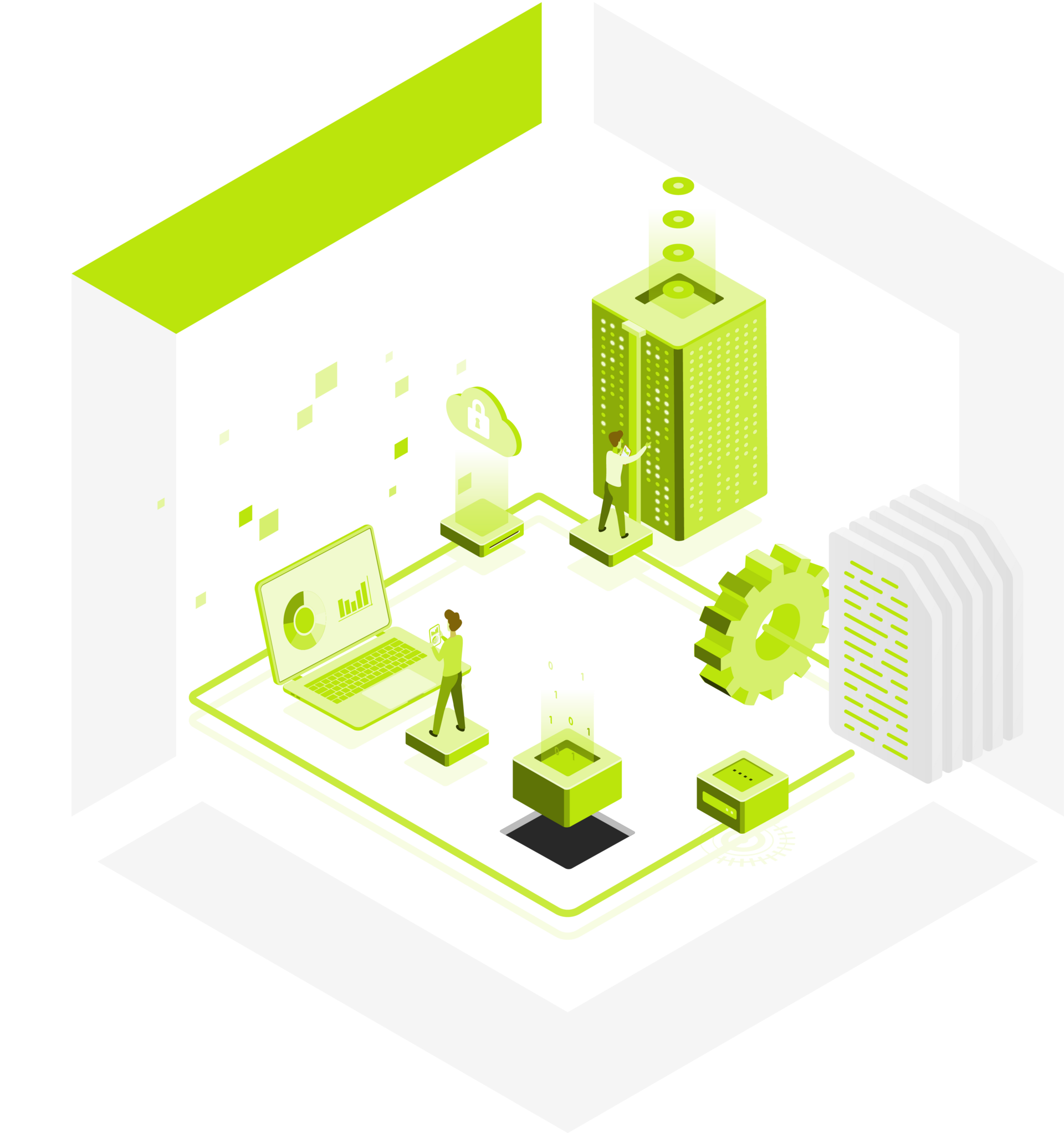 Data Center Solutions graphic - a cube showing a data center, a cogwheel and a person in front of a laptop