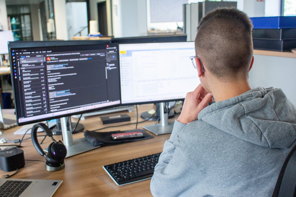 Laurenz am Schreibtisch, auf den Monitor blickend, Rückansicht