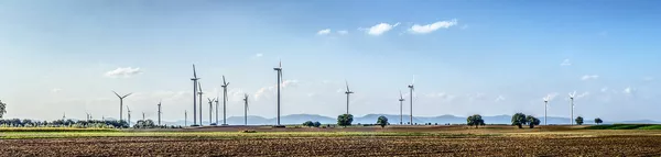 various wind turbines on a field