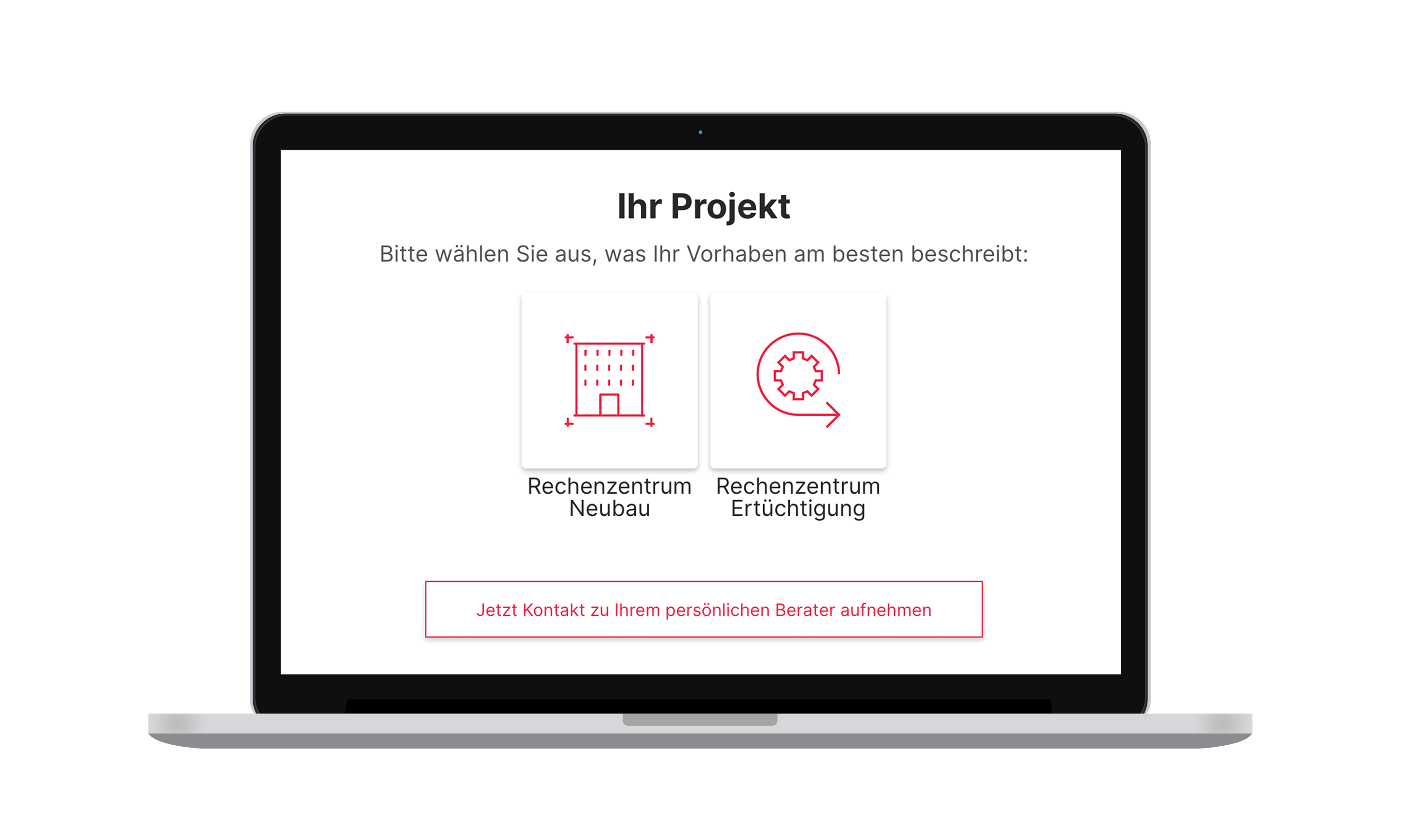 Aufgeklapptes Laptop mit Startbild des Rechenzentrums-Konfigurators