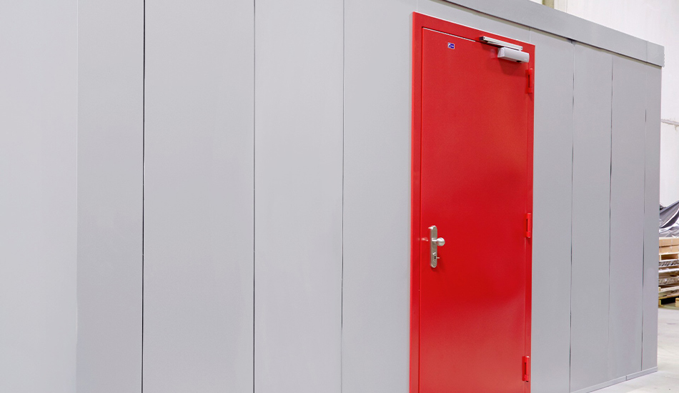 DC IT Container in Grau mit roter Sicherheitstür