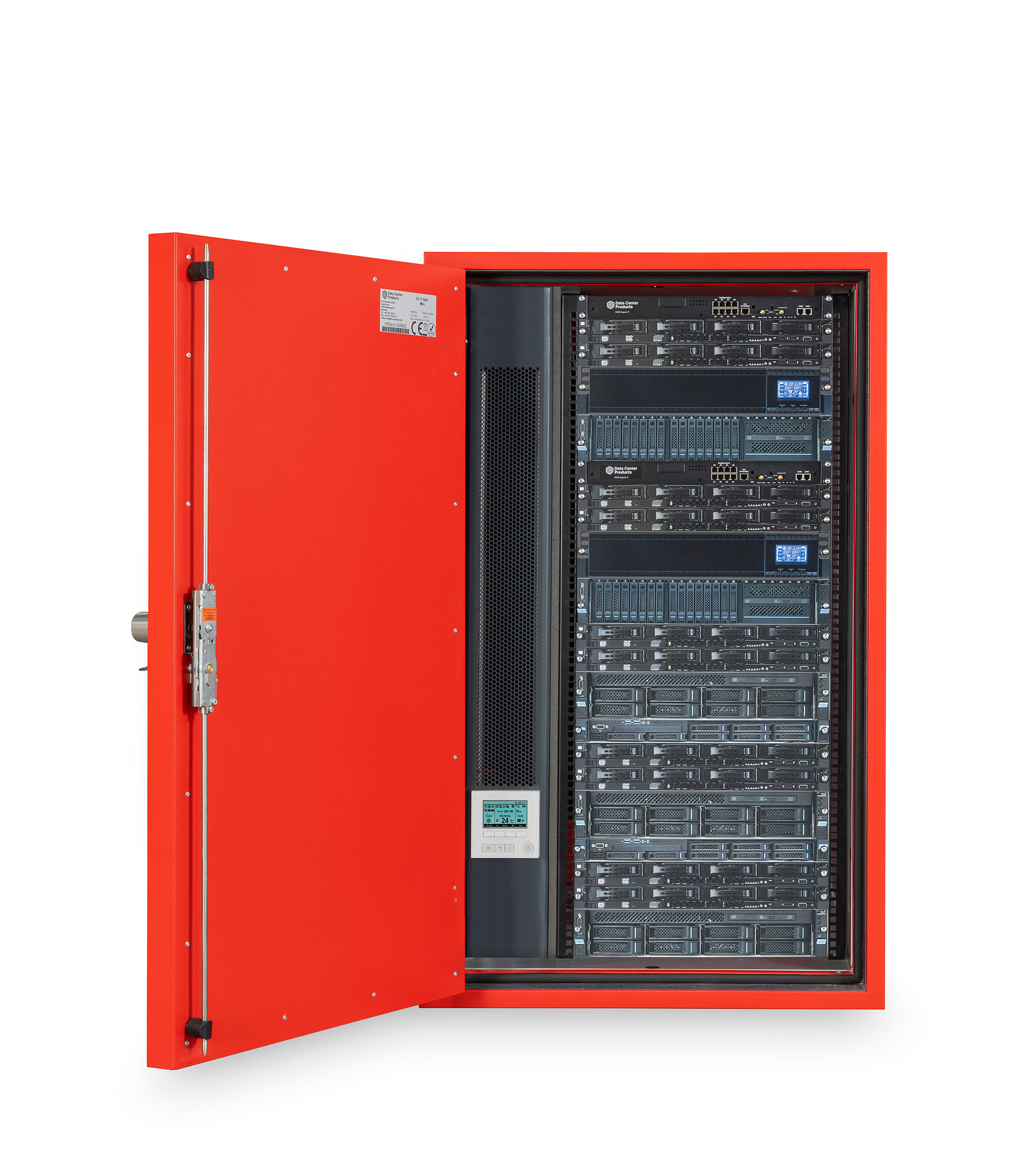 roter DC IT-Safe von der rechten Seite geöffnet, innen viele Anschlüsse