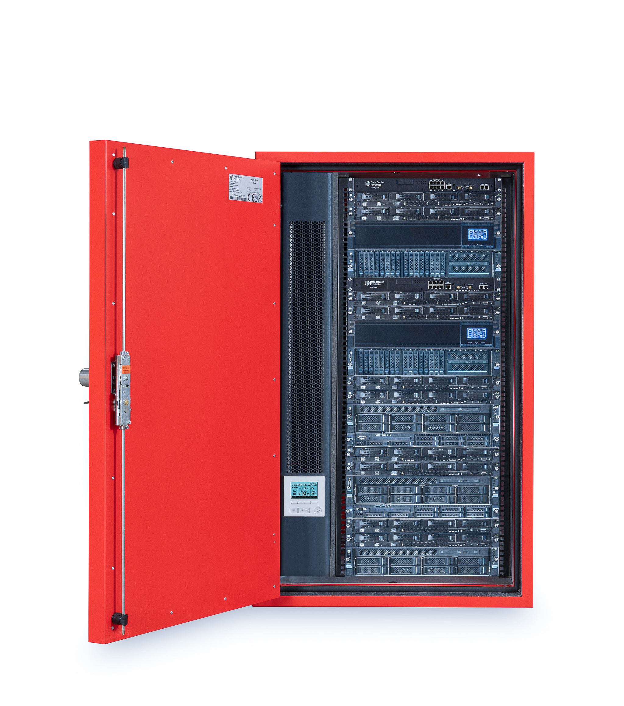 Red DC IT-Safe opened from the right side, many connections inside