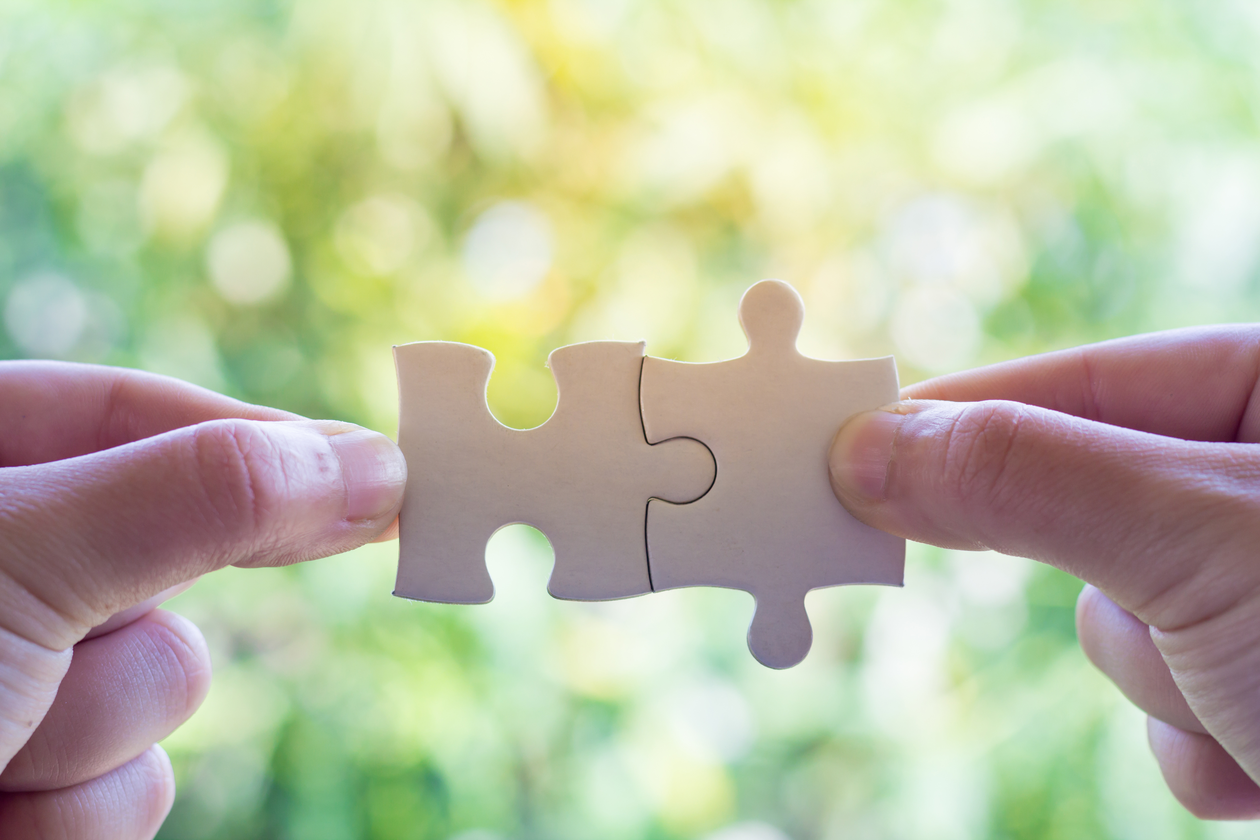 2 hands, each holding a puzzle piece with thumb and index finger, which fit into each other