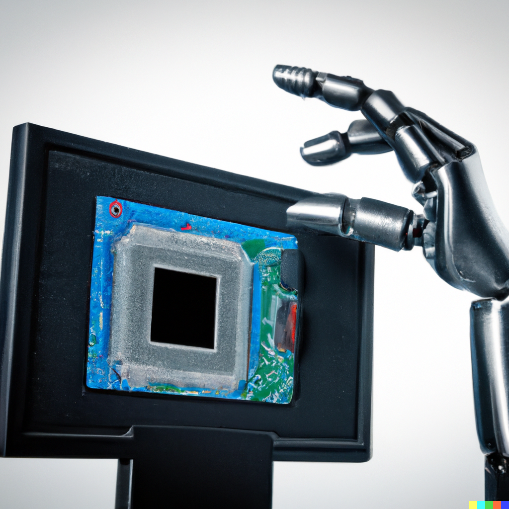 Digitale Grafik einer Roboterhand, die nach einem Bildschirm greift auf dem ein Computerchip abgebildet ist
