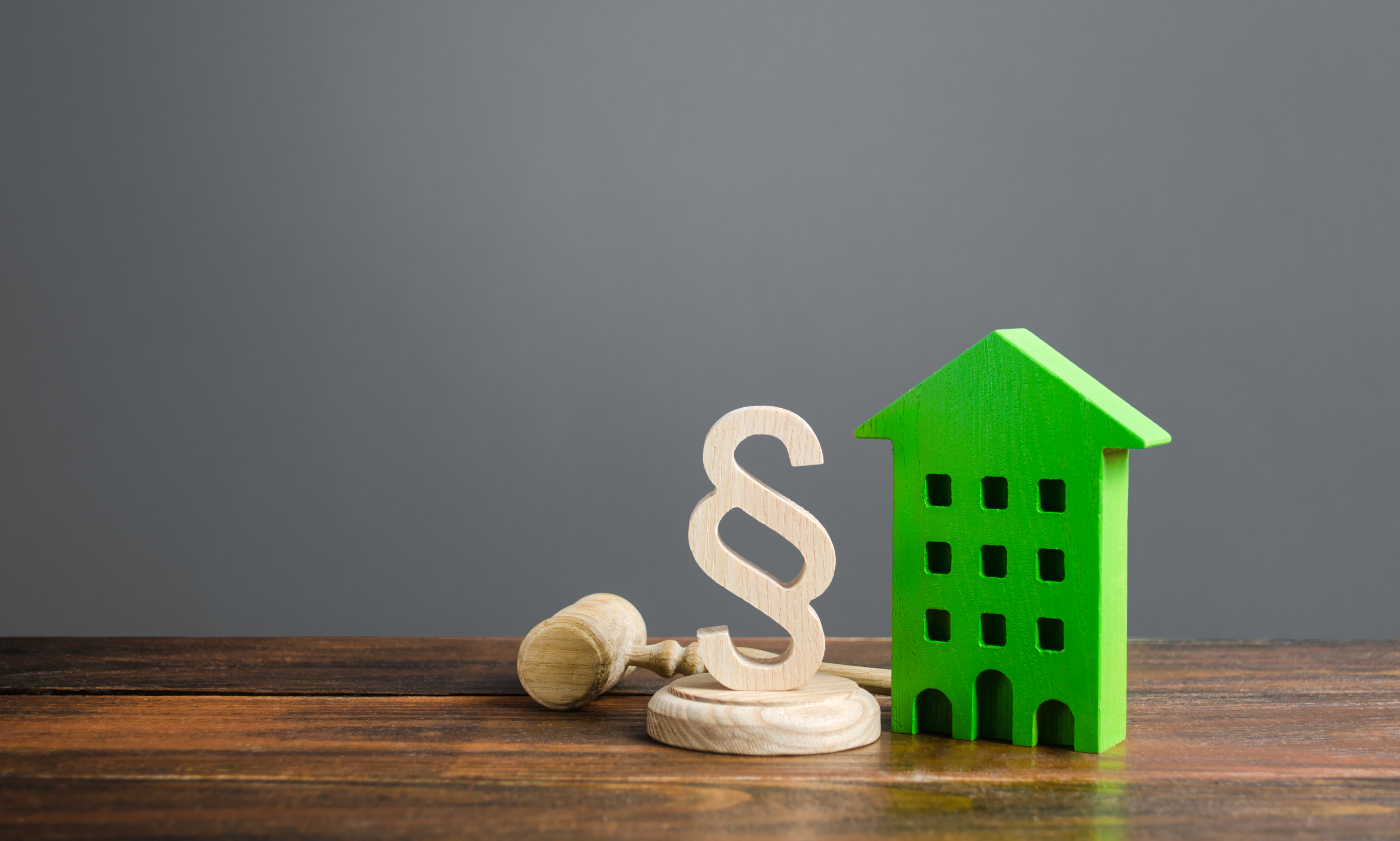 Gerichtshammer und Paragraph aus Holz sowie ein grünes Holzhaus auf einem Holztisch