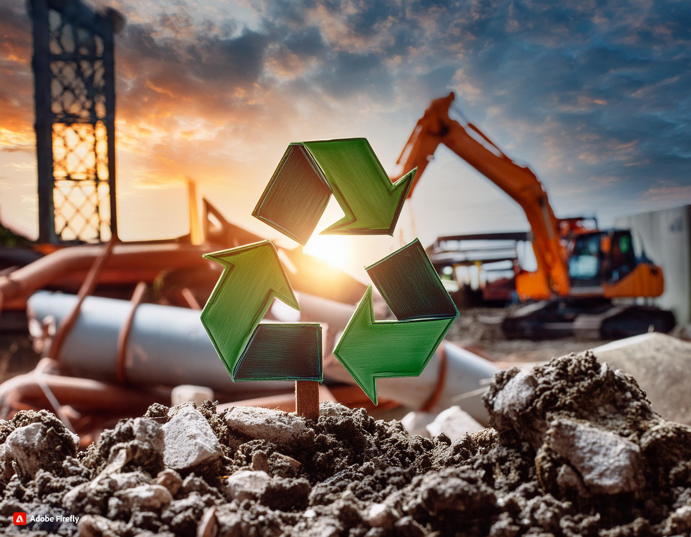 Baustellensituation mit dem Recyclingzeichen eingebettet. Im Hintergrund ein orangener Bagger