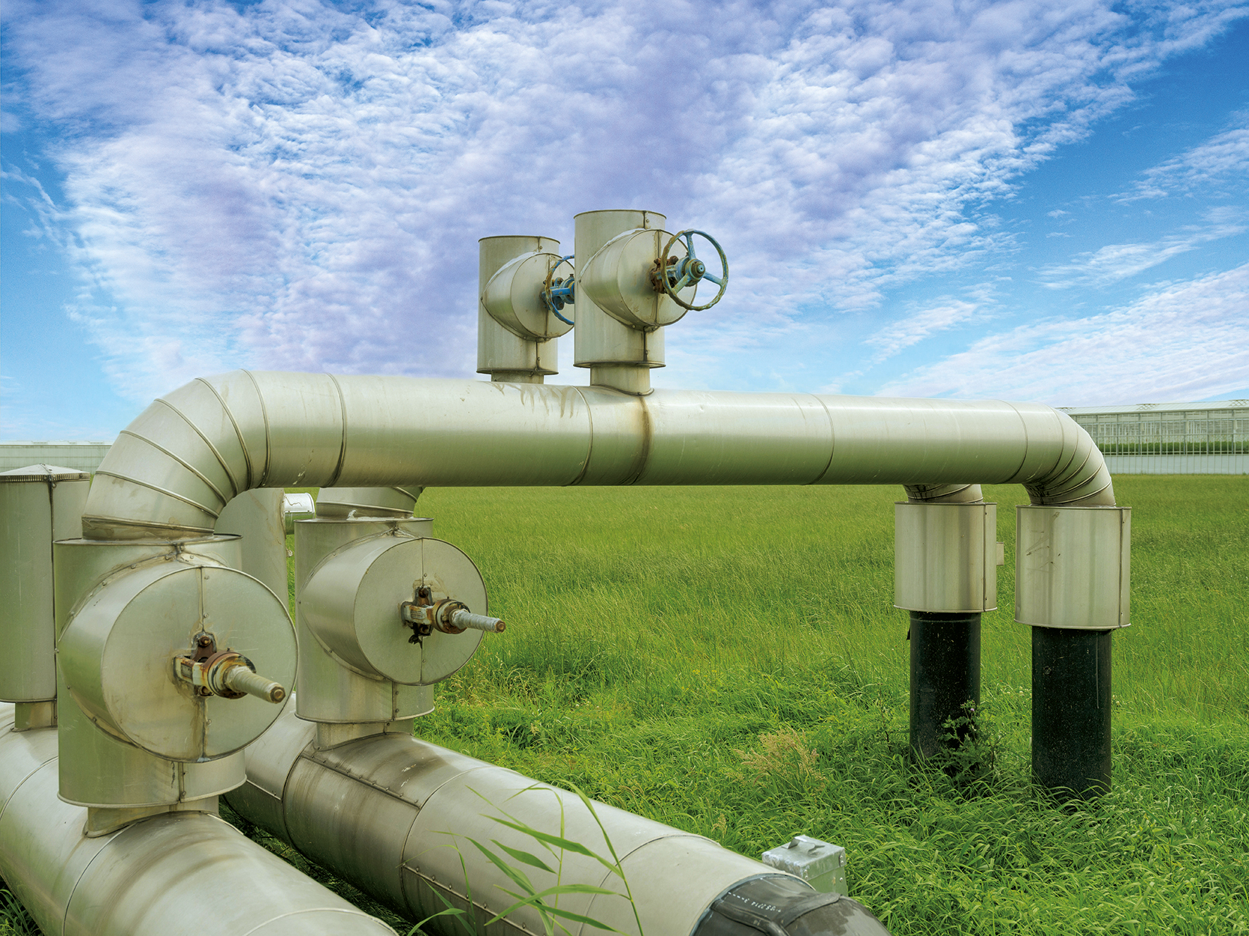 Rohre, die auf einer grünen Wiese mit blauem Himmel stehen