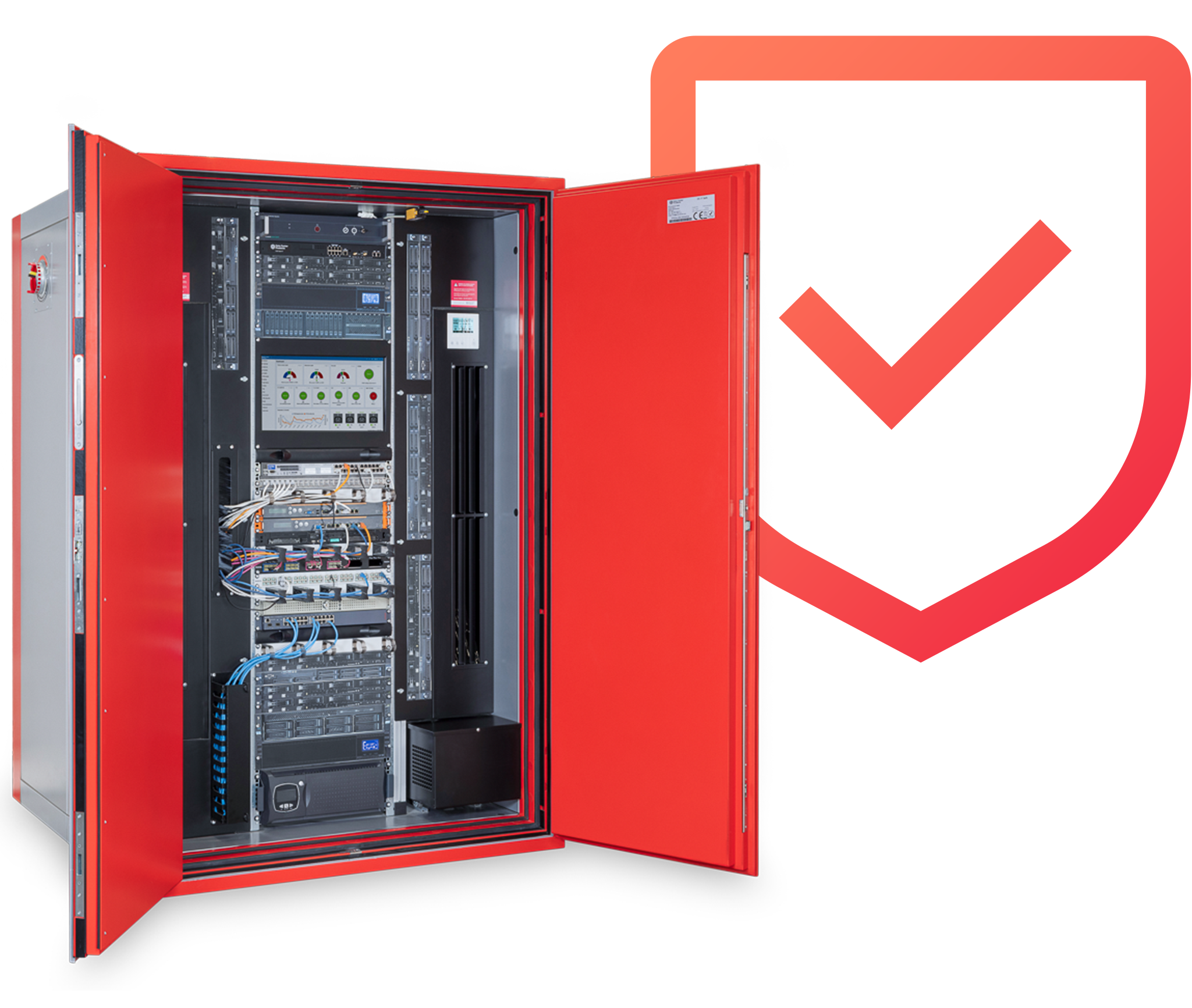 A DC IT safe with open doors, revealing the technology inside. A checkmark symbol is shown next to it as a graphic.